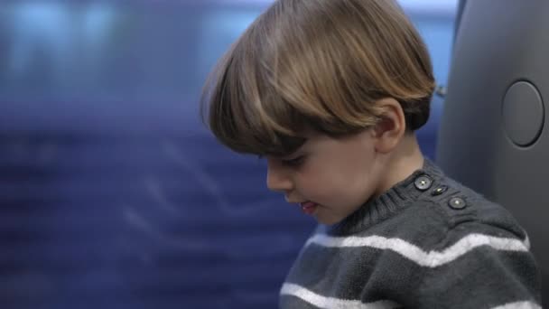 Um garotinho viajando de trem olhando para a janela com a paisagem passando. Criança viaja em trem de alta velocidade - Filmagem, Vídeo