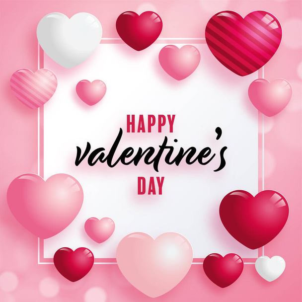 Valentines day poster with red and pink hearts on background - Vector, Image