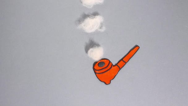 Plasticine of claymotion stop motion animatie, rookpijp met ringen of rookwolken op een grijze achtergrond. Het begrip roken, verwaarlozing van de gezondheid. - Video