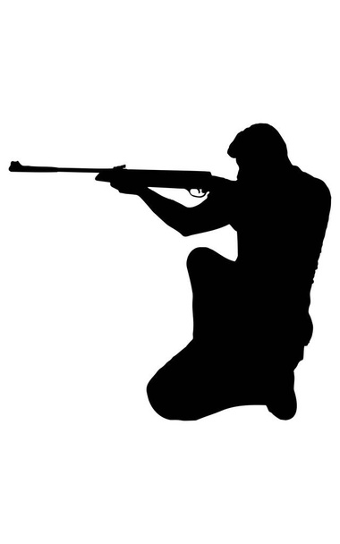 Человек, прицеливающийся векторным силуэтом винтовки, изолированный на белом фоне, наполненный черным цветом, теневой идеей, концепцией охотника - Вектор,изображение
