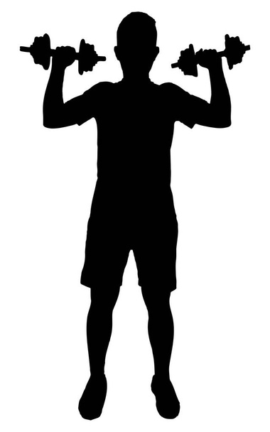 Beyaz arka planda izole edilmiş vektör silueti, jimnastik ekipmanı, siyah renk, gölge fikri, fitness ve vücut geliştirme konseptiyle çalışan bir adam. - Vektör, Görsel
