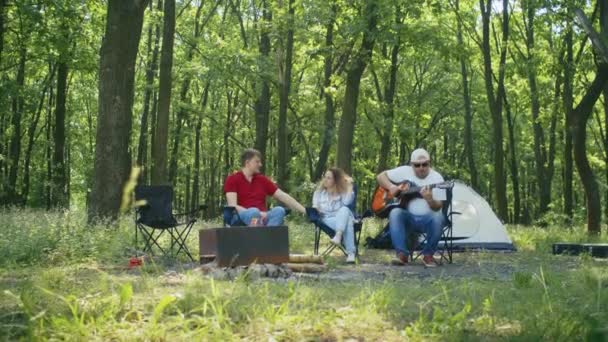 Šťastná společnost, máma, táta, syn, dcera a jejich přátelé pořádají piknik v lesní oblasti. rodinné kempování v létě. Odpočinek se stanem v lesoparku - Záběry, video