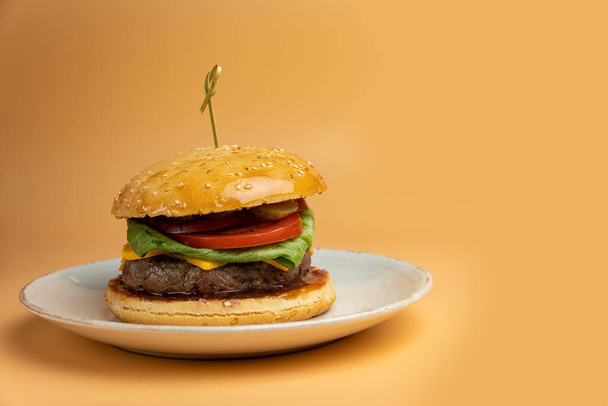 Tasty hamburger on an orange background - Photo, Image