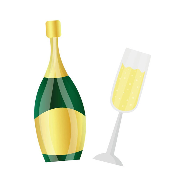 Bottiglia e bicchiere di champagne frizzante su sfondo bianco - Vettoriali, immagini