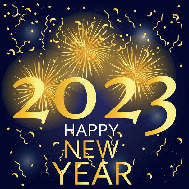 Belle carte de voeux pour le Nouvel An 2023 avec feux d'artifice et confettis - Vecteur, image