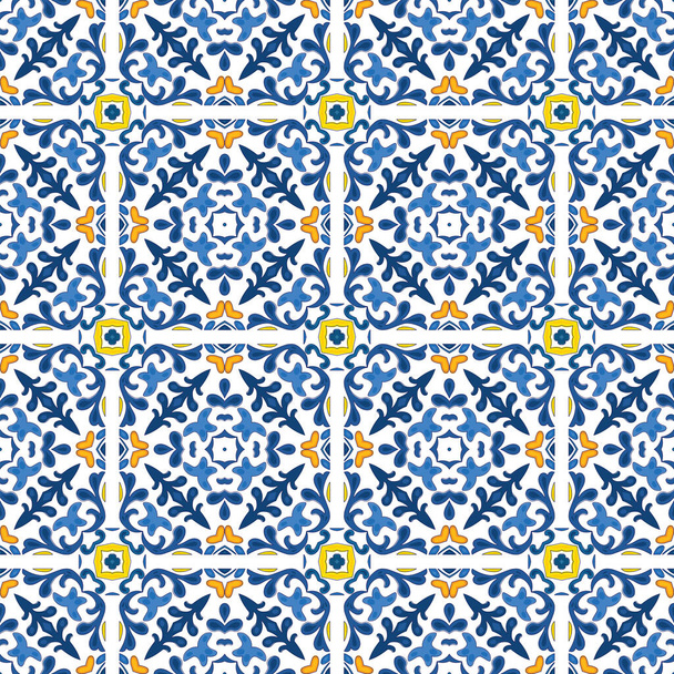 Seamless illustrated pattern made of abstract elements in white and shades of blue, yellow and orange - Vektor, kép
