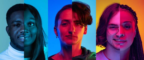 Diversity, friendship. Horisontal composite image of male and female parts of faces isolated on colored neon background. Emotions, psychology, mental health. Three faces and six models - Foto, Bild