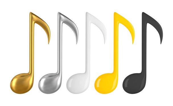 Realistic vector music notes. 3D illustration of golden, silver and white glossy notes - Vector, Image