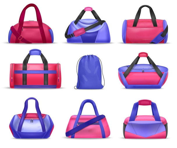 Розовый и синий цвет тренажерный зал и растяжки сумки реалистичный набор изолированных векторных иллюстраций - Вектор,изображение