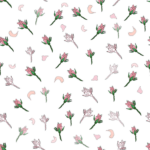 Seamless pattern buds and rose petals. Confetti, cosmetics, wedding beautiful floral background. - Vector, Imagen