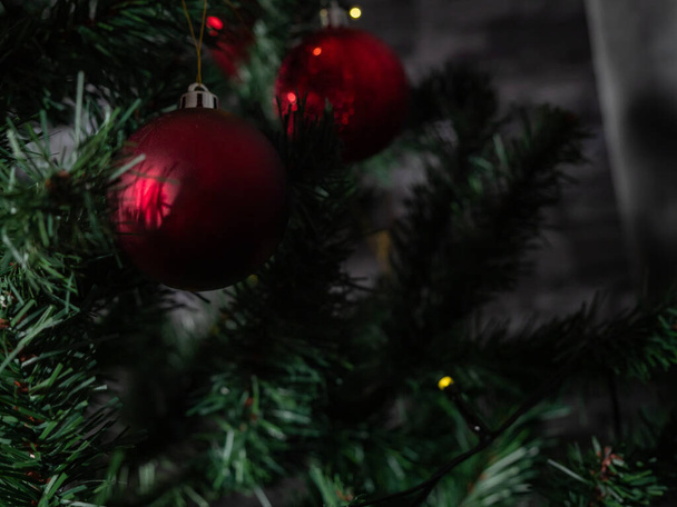 Christmas tree and decoration. Background of Christmas and New Year holidays. Close-up. - Fotografie, Obrázek