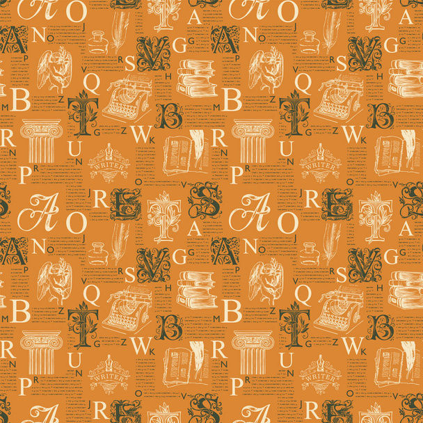 Vector seamless pattern with ornate initial letters and literary illustrations on printed page background. Unreadable text, capital letters and sketches. Suitable for Wallpaper, wrapping paper, fabric - Vektor, Bild