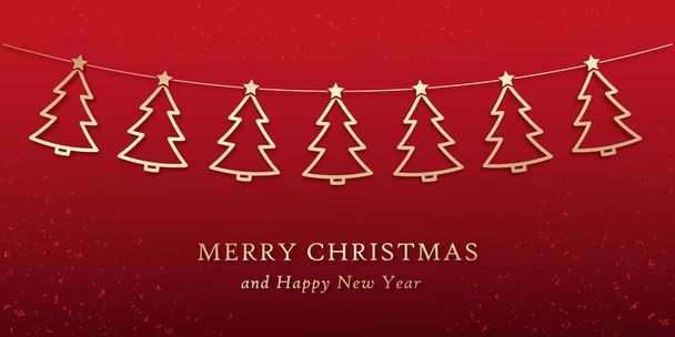 string of christmas trees, gold garland on red background, merry christmas and happy new year, vector winter holiday greeting card - Διάνυσμα, εικόνα