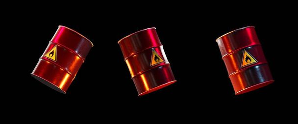 φωτιζόμενα κόκκινα βαρέλια για την αποθήκευση πετρελαίου με πινακίδες που πετούν ευμετάβλητα σε μαύρο φόντο. 3D απόδοση. - Φωτογραφία, εικόνα