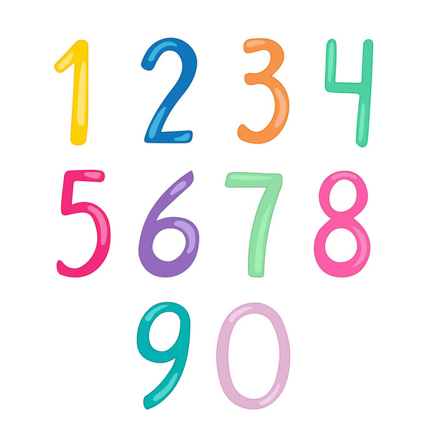 Números de cores dos desenhos animados de zero a nove. Arte vetorial desenhada à mão. Cores arco-íris - Vetor, Imagem