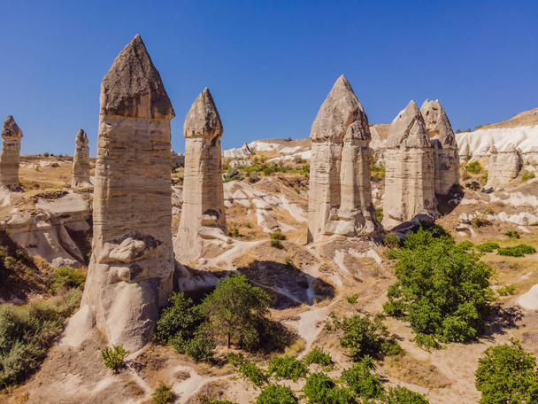 Unique geological formations in Love Valley in Cappadocia, popular travel destination in Turkey. - Fotó, kép