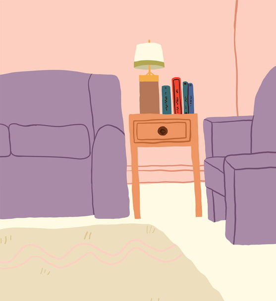 Domácí scéna. Útulný obývací pokoj interiér v kresleném vektorovém stylu. Sedací soupravy, konferenční stolek s knihami a lampou. Vektorová ilustrace - Vektor, obrázek