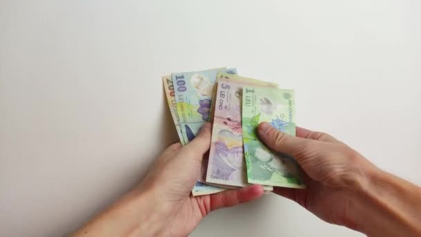 Romanya leu (RON) banknotları elle sayılıyor. - Video, Çekim