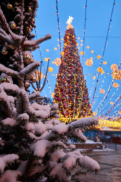grand beau sapin de Noël avec des décorations et des illuminations dans la nuit neigeuse. Nouvel An et Noël fond de vacances. Paysage urbain hivernal festif. - Photo, image