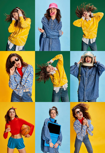 Collage. Portraits of young emotive, beautiful girl posing in different clothes isolated over multicolored background. Concept of youth, beauty, fashion, lifestyle, emotions, facial expression. Ad - Foto, Bild