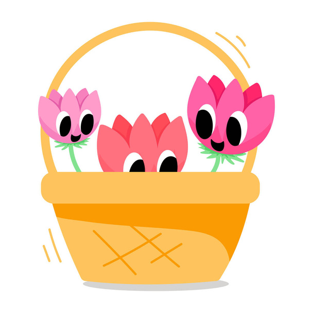 cute pink flowers in a basket, vector illustration - Vektör, Görsel