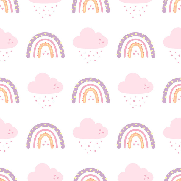 seamless vector pattern with rainbows and clouds, trendy baby texture, flat style - Vecteur, image