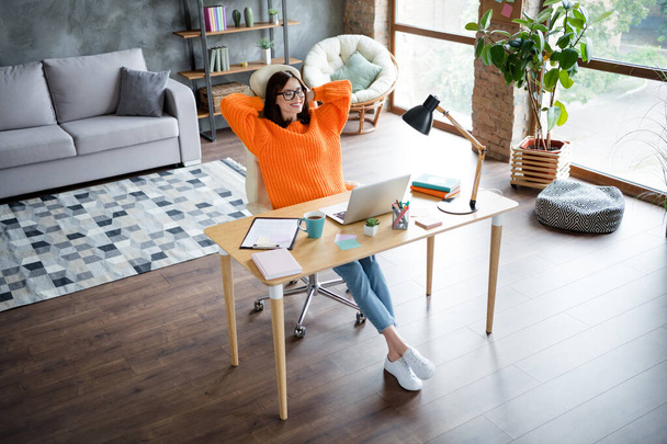 Portrait of adorable lady boss chief director realtor recruiter broker sitting comfort chair modern office workplace indoors waiting coffee. - Photo, Image
