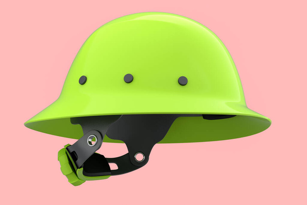 Green safety helmet or hard cap isolated on pink background. 3d render and illustration of headgear and handyman tools - Фото, изображение