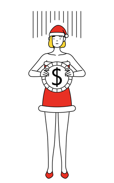 Prosta linia rysunek ilustracja kobiety przebranej za Świętego Mikołaja, obraz straty wymiany lub amortyzacji dolara - Wektor, obraz