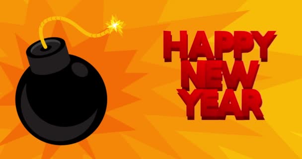 Dibujos animados Bomba Negro con Feliz Año Nuevo texto. Baile explosivo sobre fondo de explosión amarillo. - Metraje, vídeo