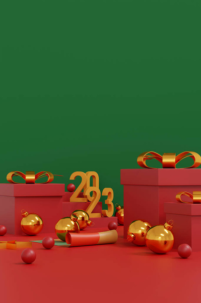 Red Merry Christmas and Happy New Year 2023. Red gift box, golden ball and Christmas decoration in the red and green room background, Winter holiday banner greeting card, poster and product presentation. 3D illustration - Foto, afbeelding