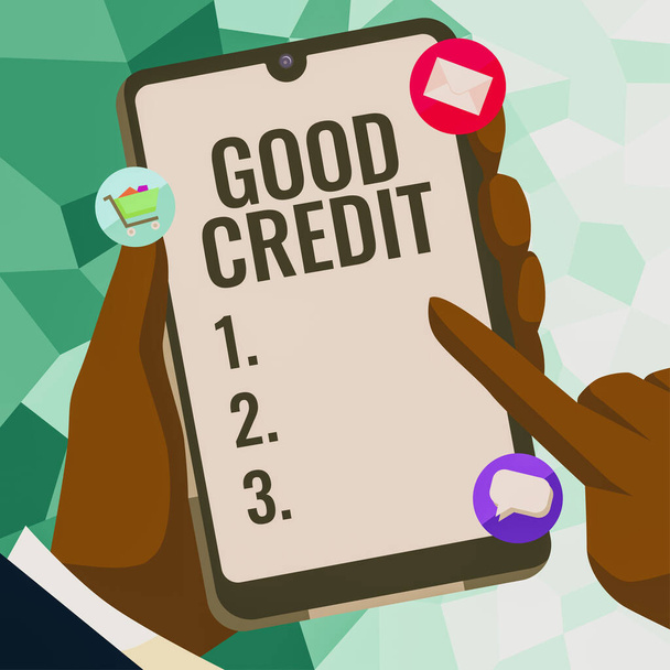 Texto de escritura a mano Buen crédito, Palabra Escrito en prestatario tiene una puntuación de crédito relativamente alta y riesgo de crédito seguro - Foto, imagen