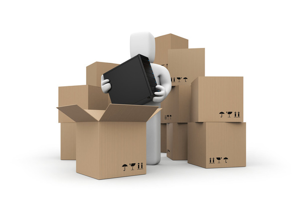 Cardboard Boxes with person Which hold computer - Zdjęcie, obraz