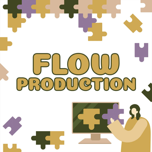 Znak wyświetlający Flow Production, Word Pisane na przedmiotach są produkowane od jednego etapu przetwarzania do następnego - Zdjęcie, obraz