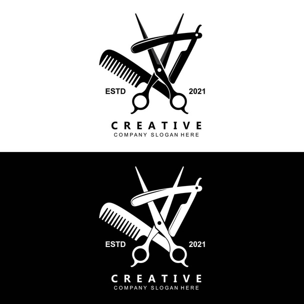 Логотип парикмахерской векторный дизайн волос для стрижки, с ножницами и бритвой - Вектор,изображение