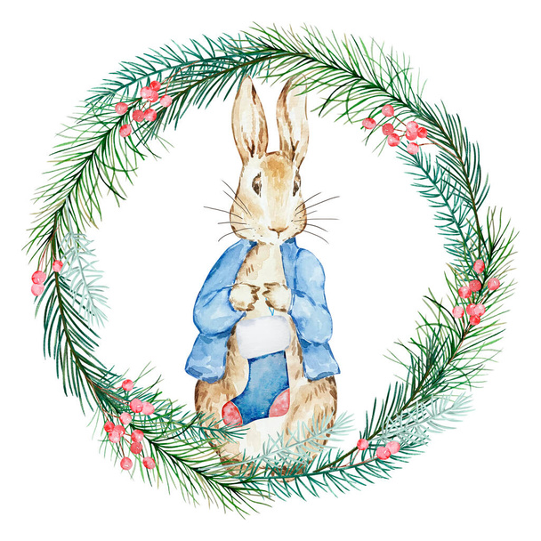Υδατογραφία Peter Rabbit με Χριστουγεννιάτικο Αποθηκευτικό και Χειμωνιάτικο Πράσινο Στεφάνι για Εορταστικό Βρεφικό Ντους - Φωτογραφία, εικόνα