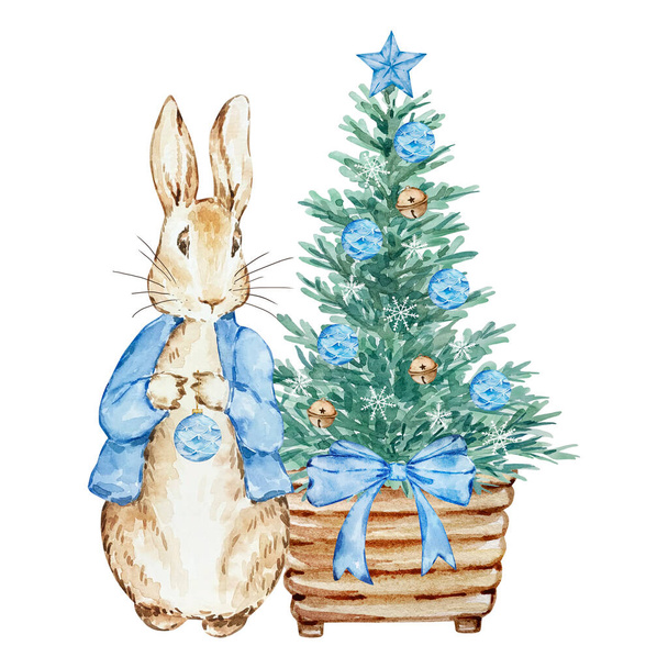 Υδατογραφία Peter Rabbit με διακοσμημένο χριστουγεννιάτικο δέντρο για το σχεδιασμό των διακοπών των παιδιών - Φωτογραφία, εικόνα