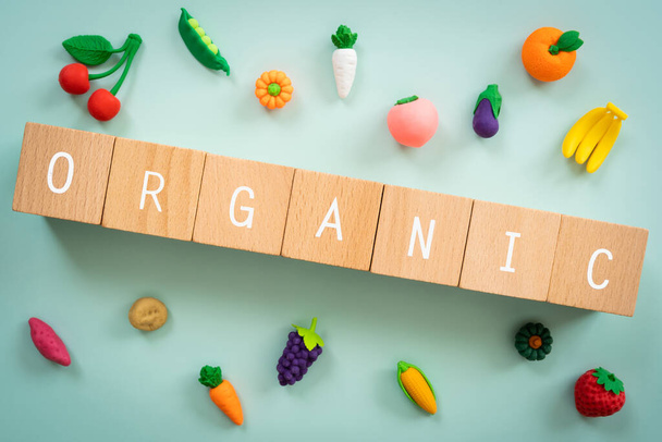 Wooden blocks with "ORGANIC" text of concept and food toys. - Fotoğraf, Görsel