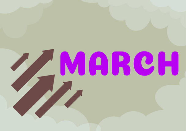 Señal de texto que muestra marzo, Palabra Escrito en tercer mes año donde comienza la primavera Caminar rápidamente con determinación - Foto, Imagen