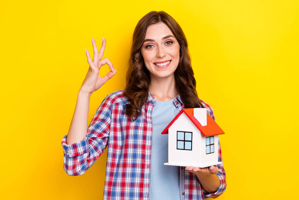 Photo of shiny confident girl dressed checkered shirt showing okey sign holding hands arms small house isolated yellow color background. - Foto, Imagen