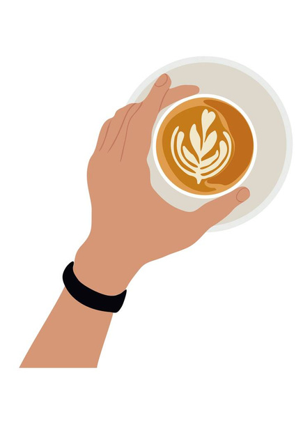 Ruka drží šálek kávy pohled shora. Vaření nebo nalévání espresso, káva, cappuccino nebo kakao přímo nad. Ploché vektorové kreslené realistické ilustrace izolované na bílém pozadí. - Vektor, obrázek