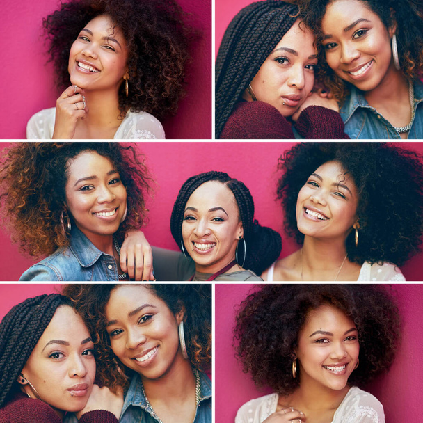 Kollázs, fekete nők és barátok rózsaszín falon a szépség, a boldogság és afro, fonatok és természetes haj kozmetikai, smink és hajápolási portré. Arc a nők együtt a frizura inspiráció. - Fotó, kép