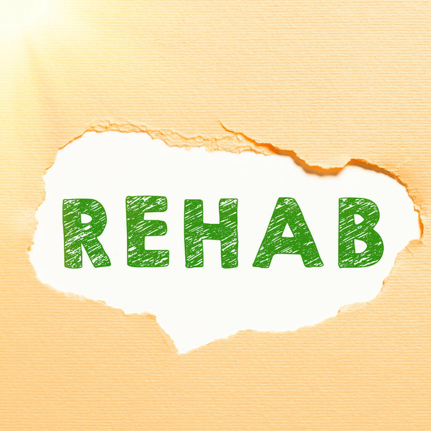 Надпись Rehab, Internet Concept course treatment for drug alcohol dependence typically at residential - Фото, изображение