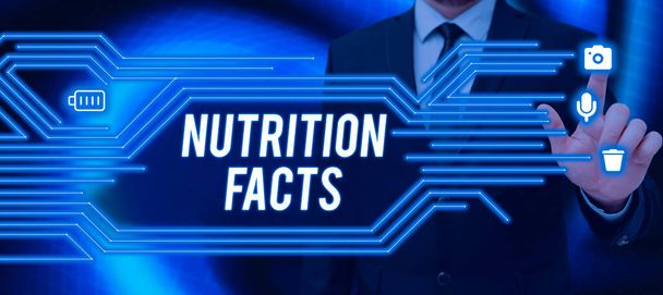 Podpis koncepcyjny Odżywianie Fakty, Koncepcja biznesowa szczegółowe informacje o żywności s jest zawartość składników odżywczych - Zdjęcie, obraz