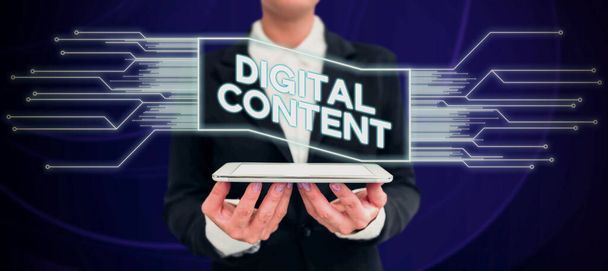 Leyenda conceptual Contenido digital, Palabra para cualquier contenido que exista en forma de datos digitales - Foto, Imagen