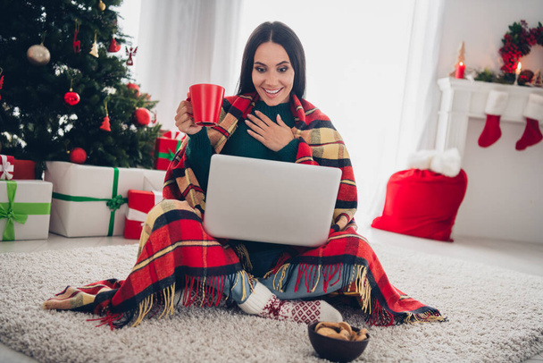 Photo of adorable excited lady dressed knitted x-mas sweater drinking cocoa watching film modern gadget indoors house room. - Фото, зображення