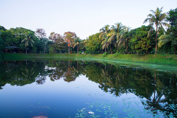 Natürliche Landschaft Blick Reflexion der Bäume im See Wasser gegen blauen Himmel - Foto, Bild