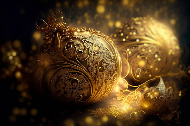 Greeting Season  ornate gold fantasy Christmas concept.close up of ornaments on a Gold  Christmas tree with decorative light background. - Photo, image