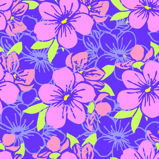 seamless pattern of pink silhouettes and blue contours of flowers on a blue background, texture, design - Photo, Image