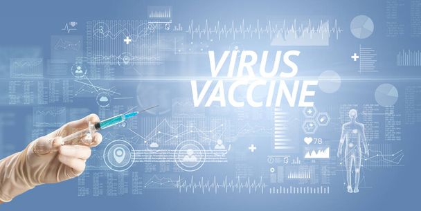 Syringe needle with virus vaccine and VIRUS VACCINE inscription, antidote concept - Foto, Imagen